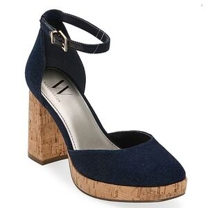 Worthington Denim Panama Platform Heels Cork Block Heel Ankle Strap Pumps Size 9